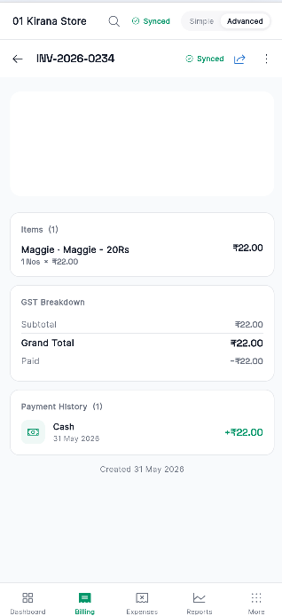 TruZync payment confirmation updating the invoice and the day's collections
